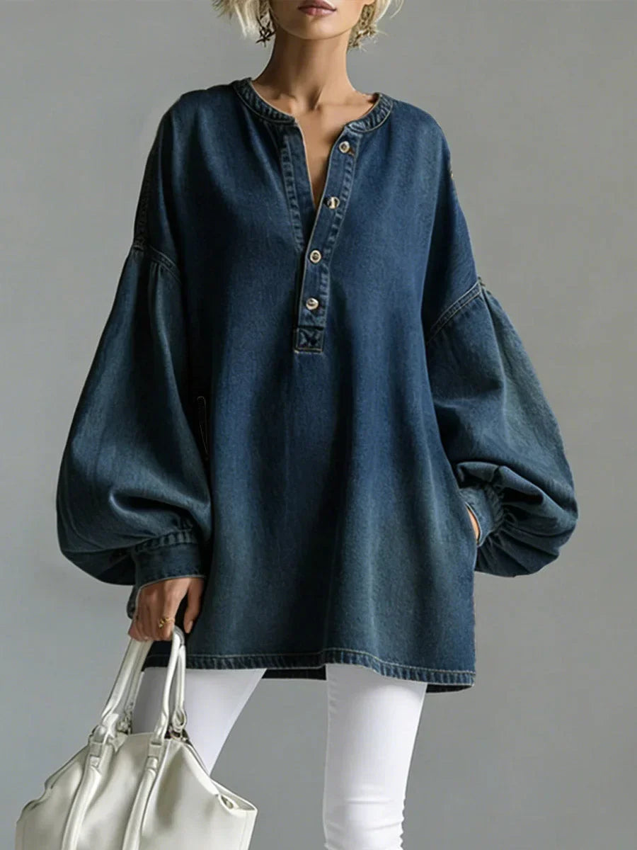Alyvera™ - Blouse Oversize en Denim à Manches Bouffantes
