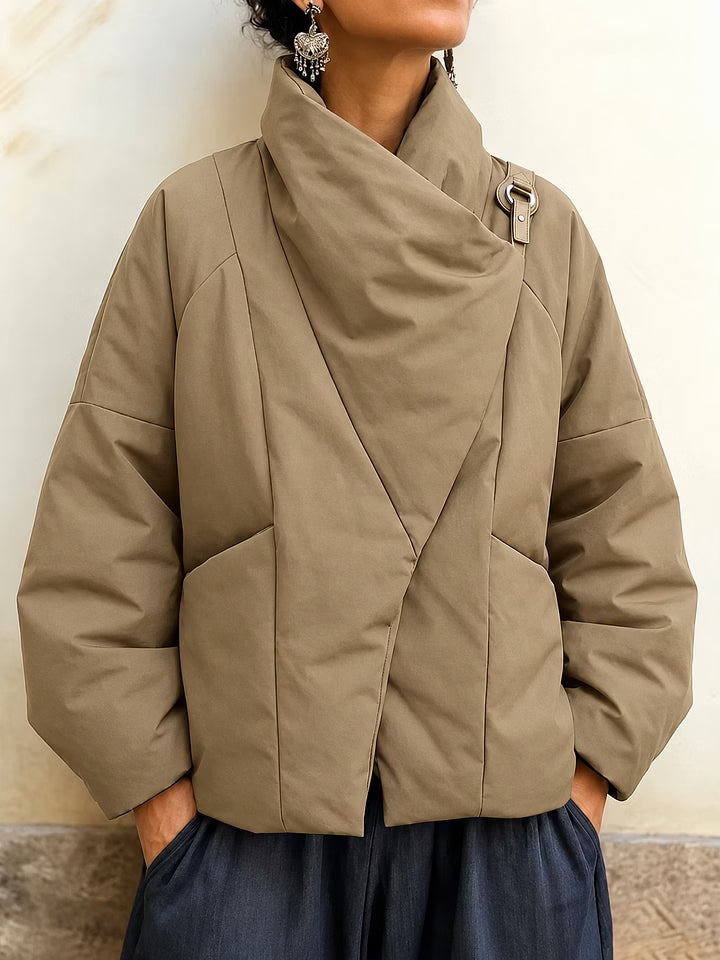 Marjole - Veste d'hiver femme à col drapé et coupe asymétrique