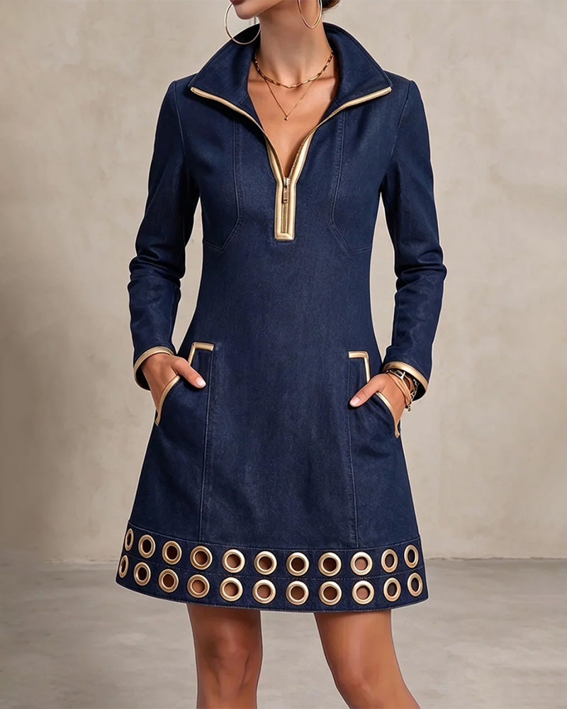 Henrike - Robe courte en denim pour femme avec col zippé et œillets décoratifs