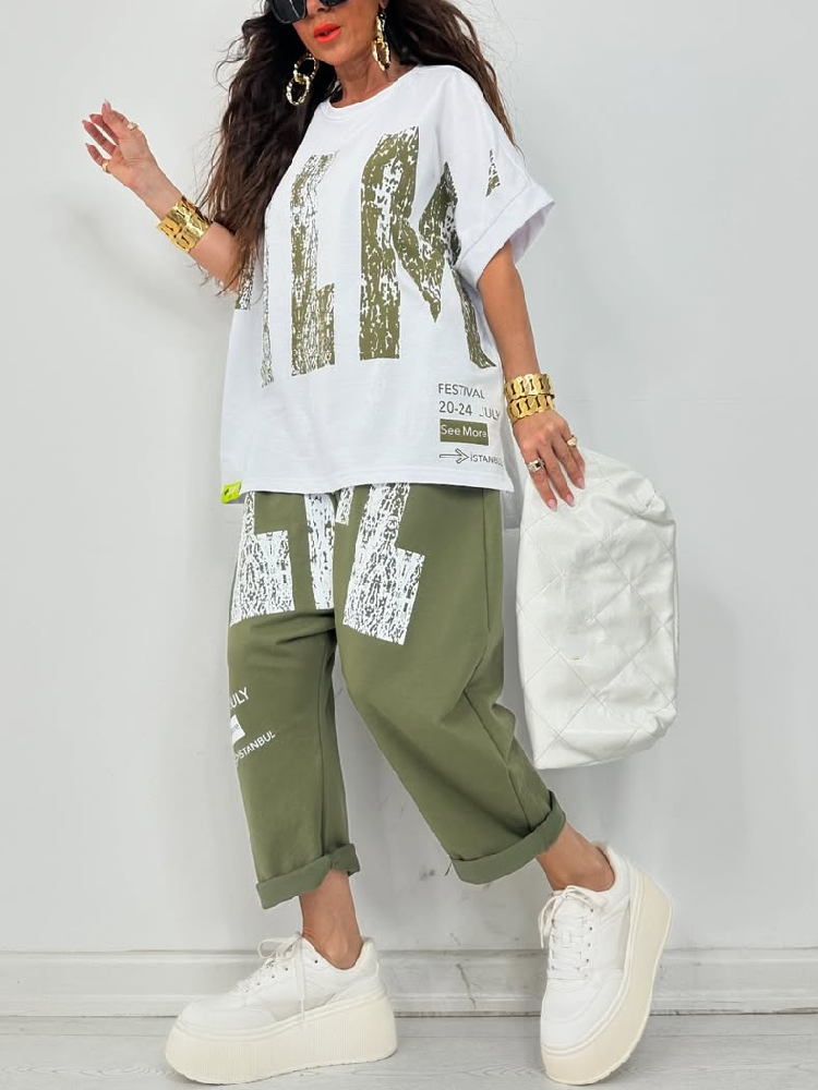 Kirelle™ - Ensemble décontracté femme top imprimé col rond et pantalon