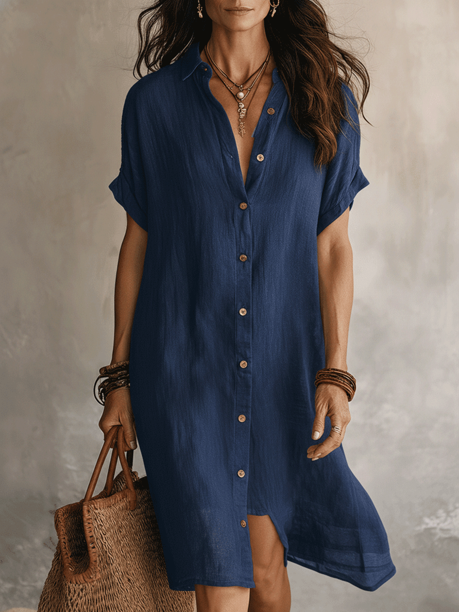 Quenovia™ - Robe chemise femme midi lin coton boutonnée manches courtes