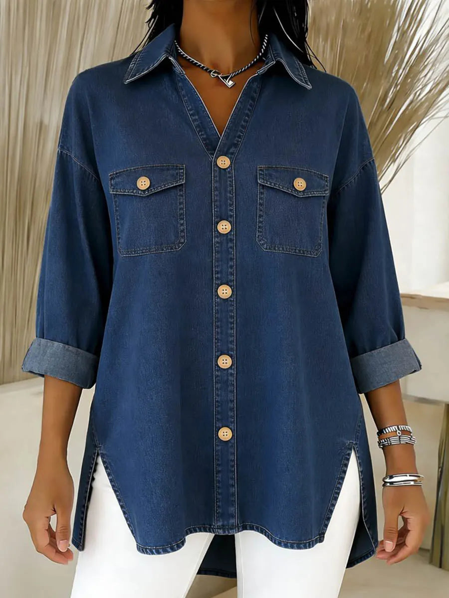 Cléa - Chemise longue femme en denim à coupe ample et poches poitrine
