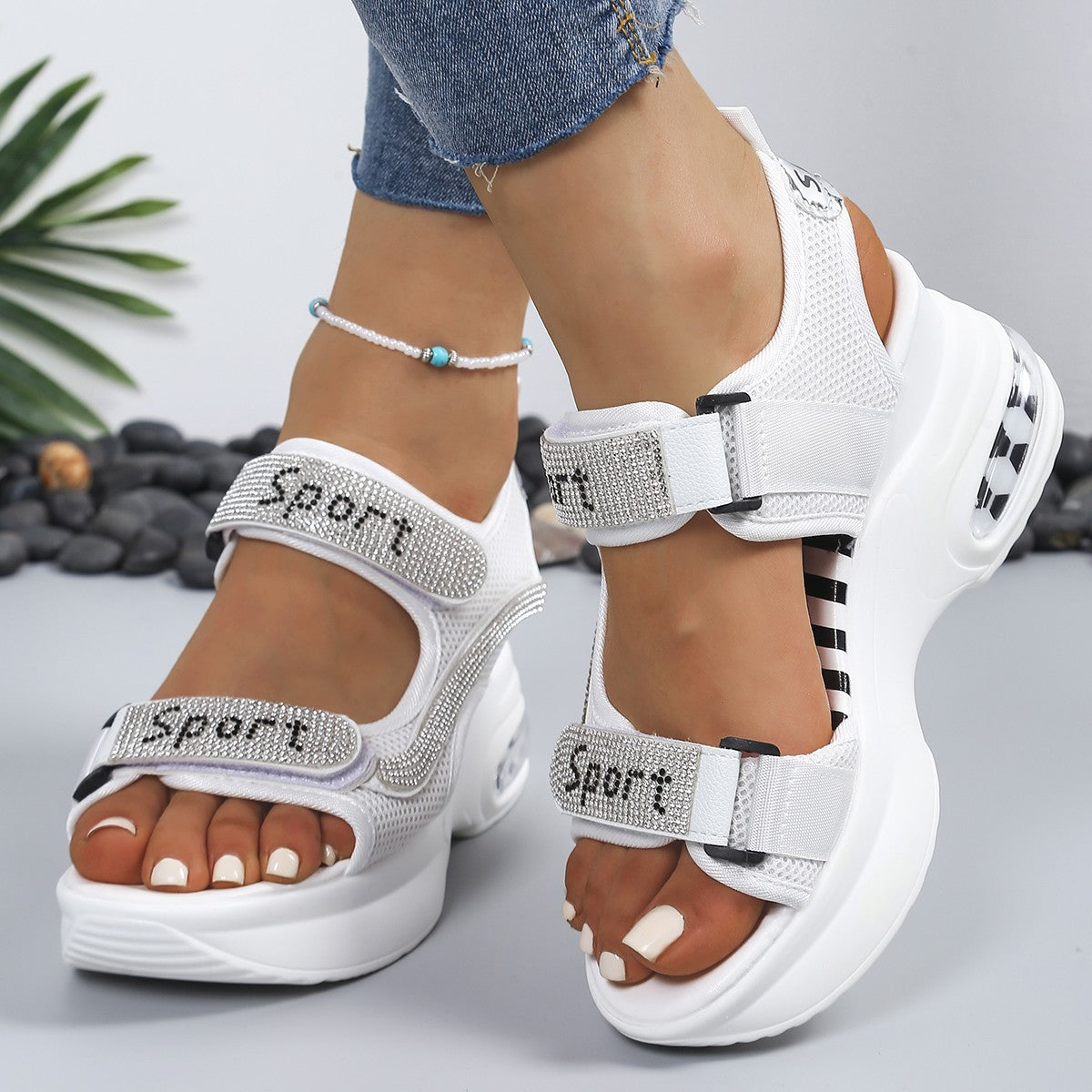 Calyvra™ - Sandales femme plateforme strass velcro semelle air sport