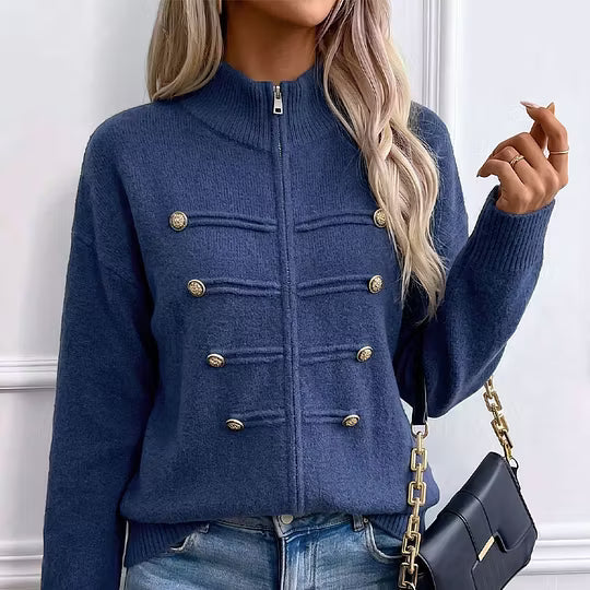 Teuntje - Gilet en maille femme à col montant zippé et boutons décoratifs