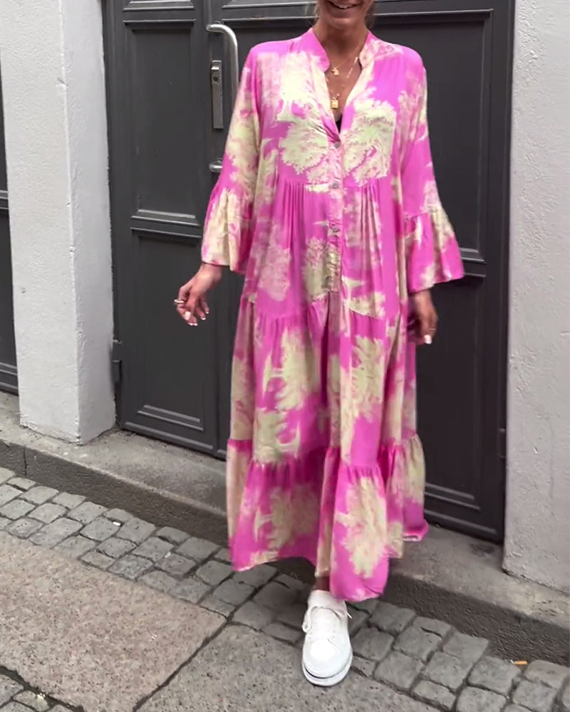 Greta™ - Robe Patchwork Ample avec Col en V et Manches Cloches Imprimées