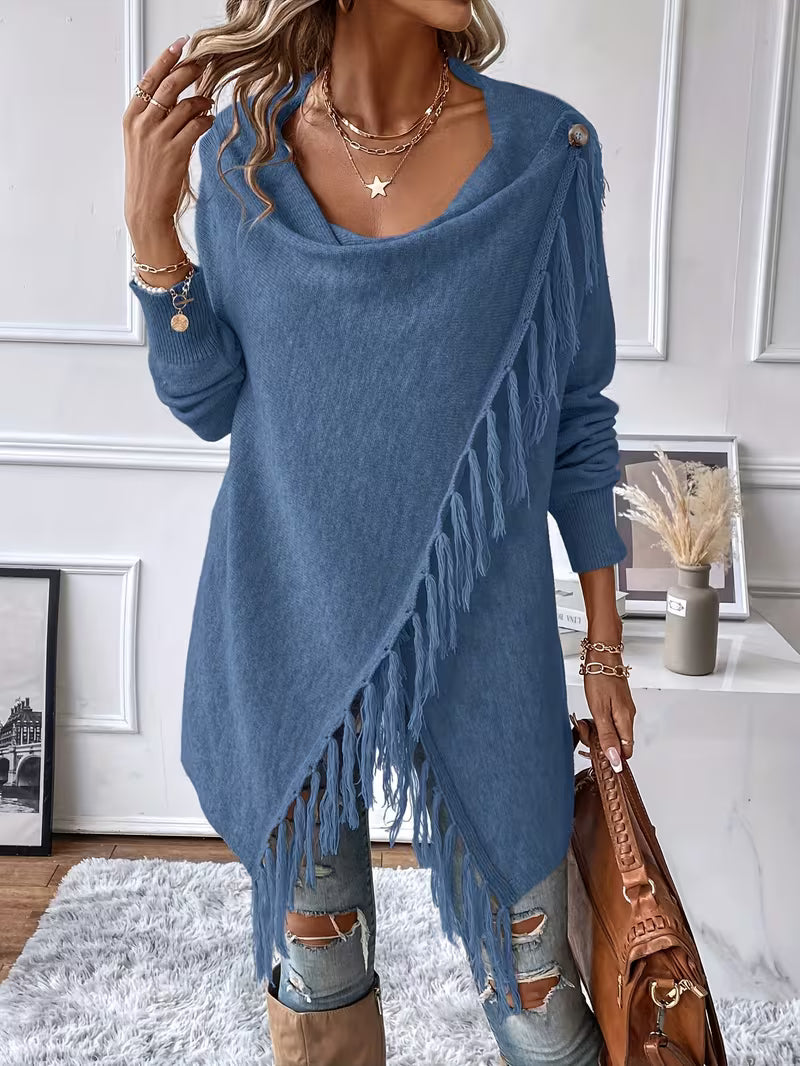 Sjoukje - Cardigan femme à col drapé asymétrique et franges décoratives