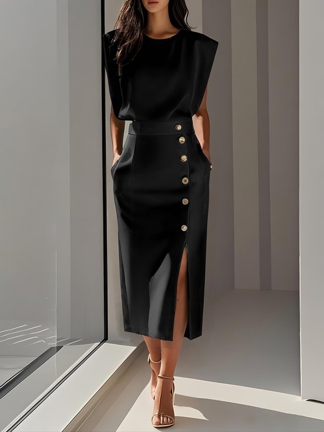 Floralia™ - Robe midi unie avec fente à boutons et décolleté rond