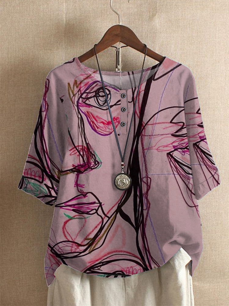 Averitha™ - T-shirt femme artistique imprimé à manches 3/4 et col rond