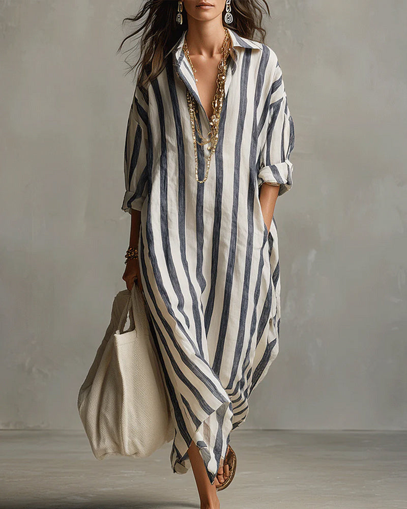 Avenira™ - Robe Maxi Rayée À Col Revers Décontracté Chic