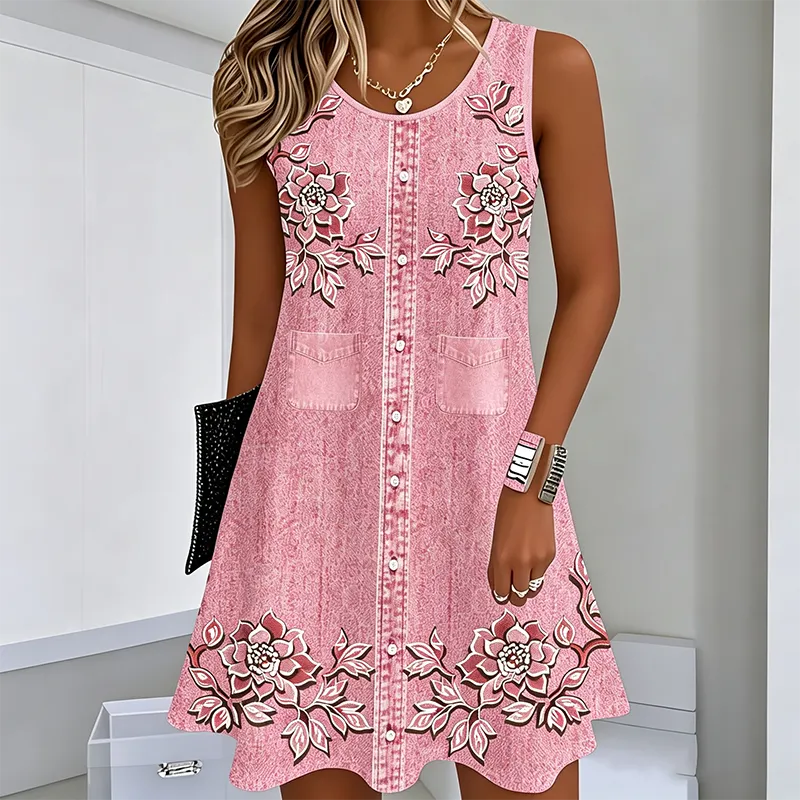 Vesper - Robe femme sans manches à fleurs avec boutons