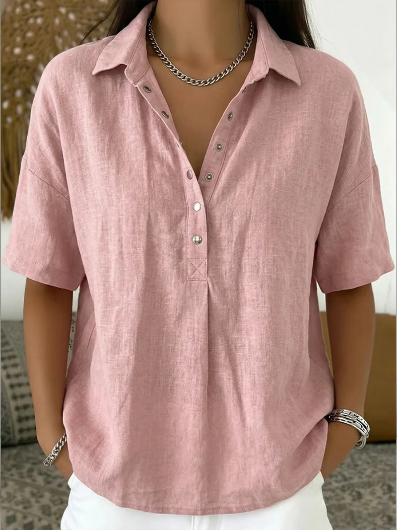 Karina™ - Blouse Femme Col Classique Décolleté V Boutons Manches Courtes Confort