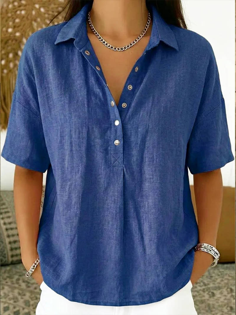 Karina™ - Blouse Femme Col Classique Décolleté V Boutons Manches Courtes Confort