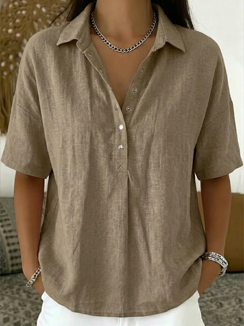 Karina™ - Blouse Femme Col Classique Décolleté V Boutons Manches Courtes Confort