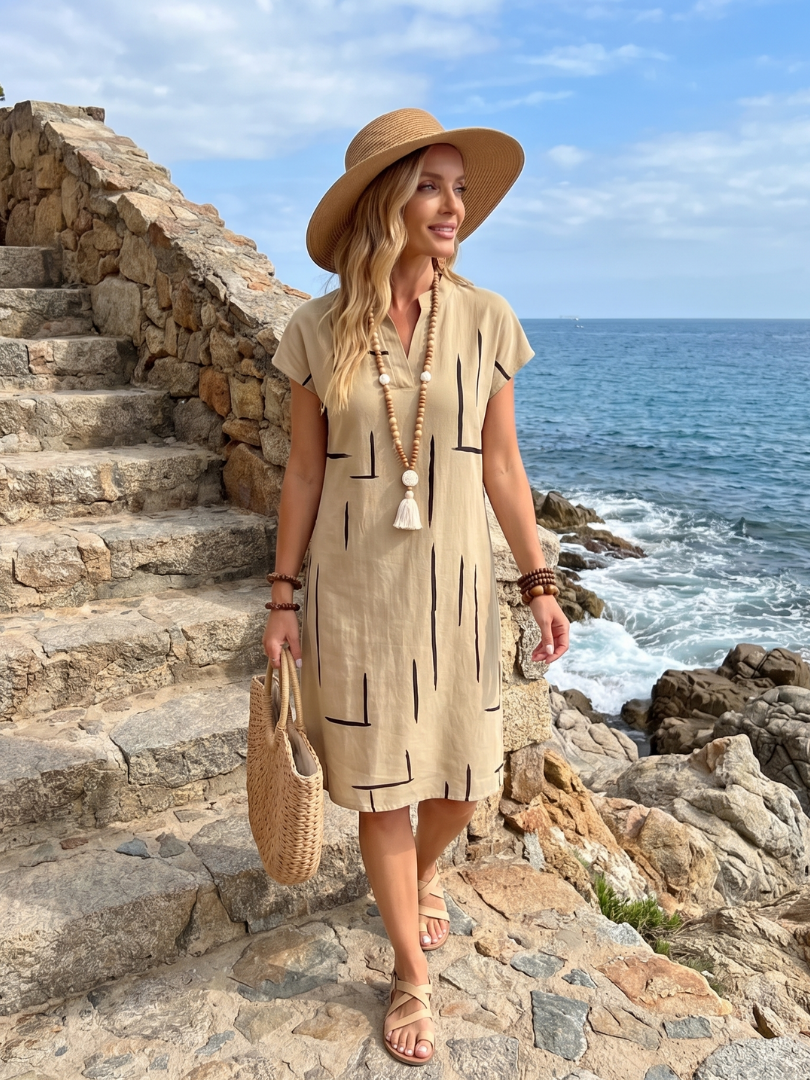 Olivrixa™ - Robe femme mi-longue à imprimé abstrait en coton lin coupe décontractée