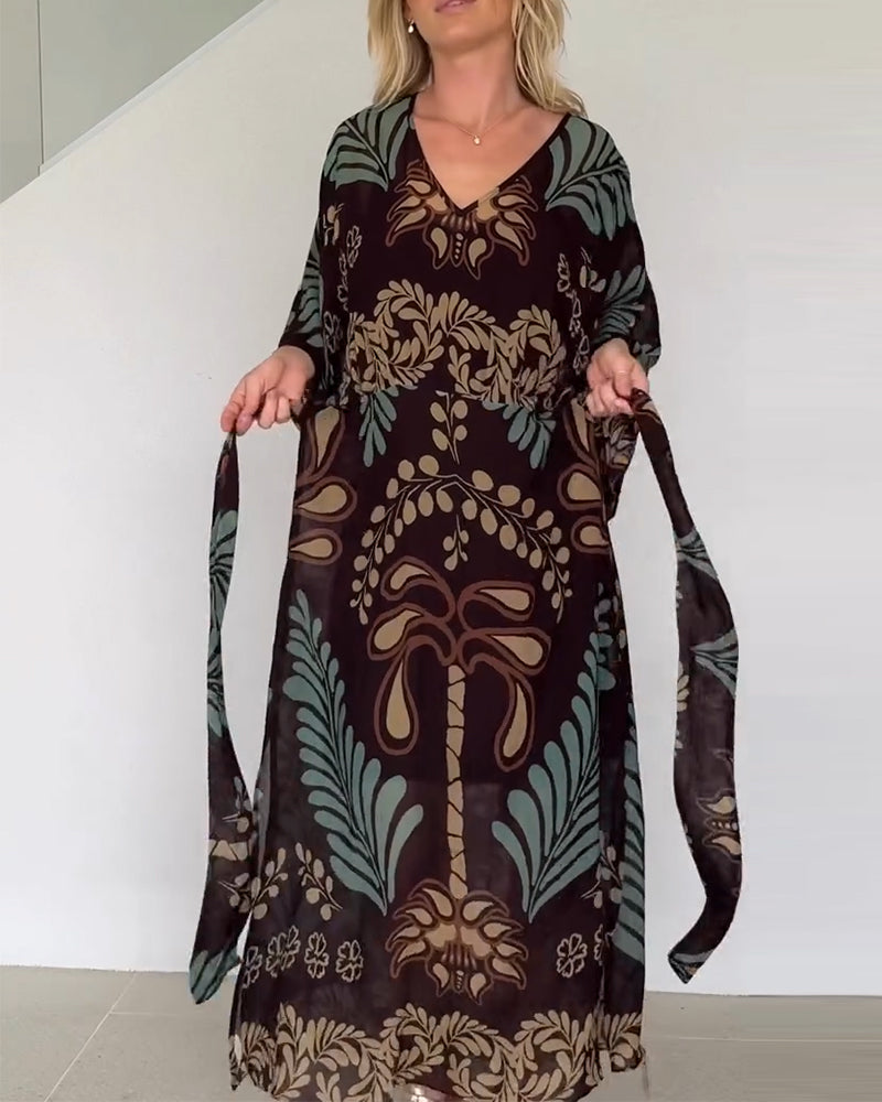 Praxellea™ - Robe bohème femme maxi ample col V imprimé feuilles élégant
