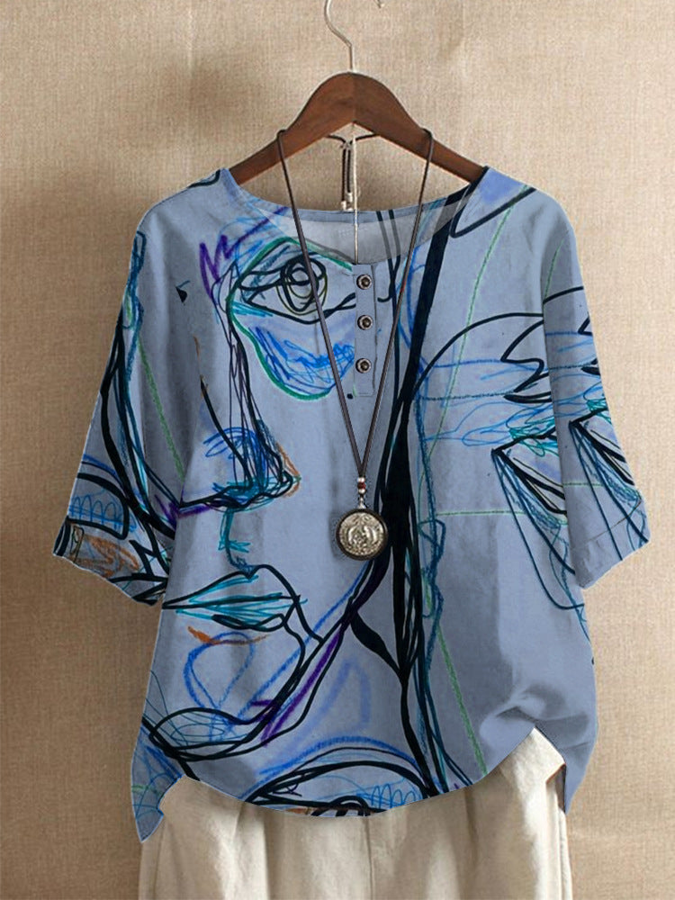 Averitha™ - T-shirt femme artistique imprimé à manches 3/4 et col rond