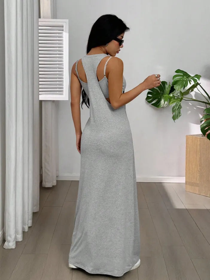 Dorissa - Robe longue femme effet deux pièces avec découpes latérales