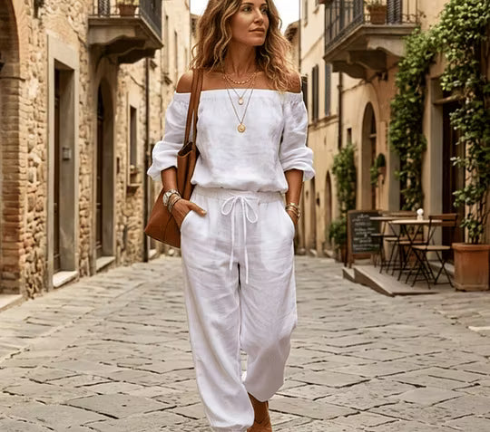 Brixavelle - Combinaison femme à épaules dénudées avec taille nouée en coton