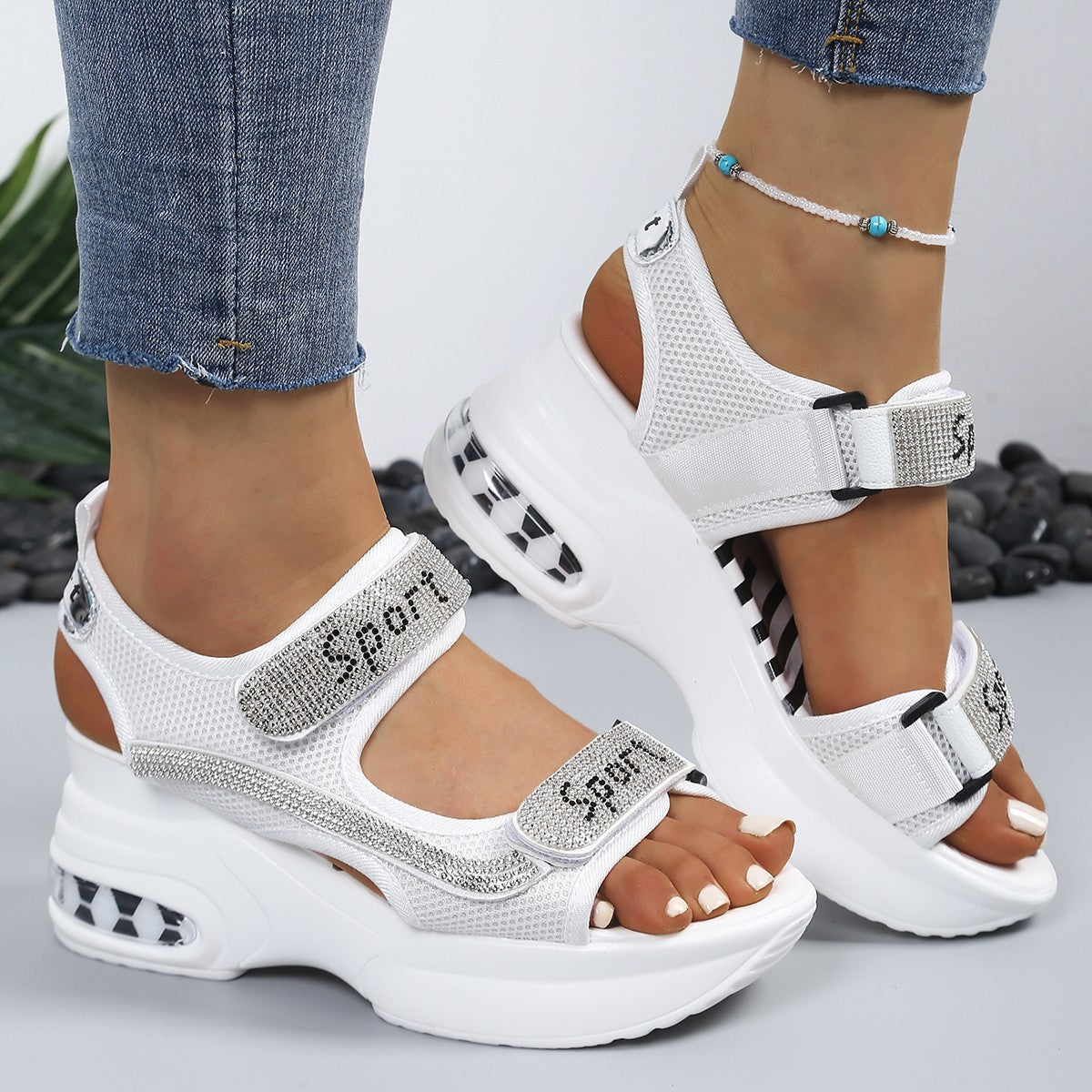 Calyvra™ - Sandales femme plateforme strass velcro semelle air sport