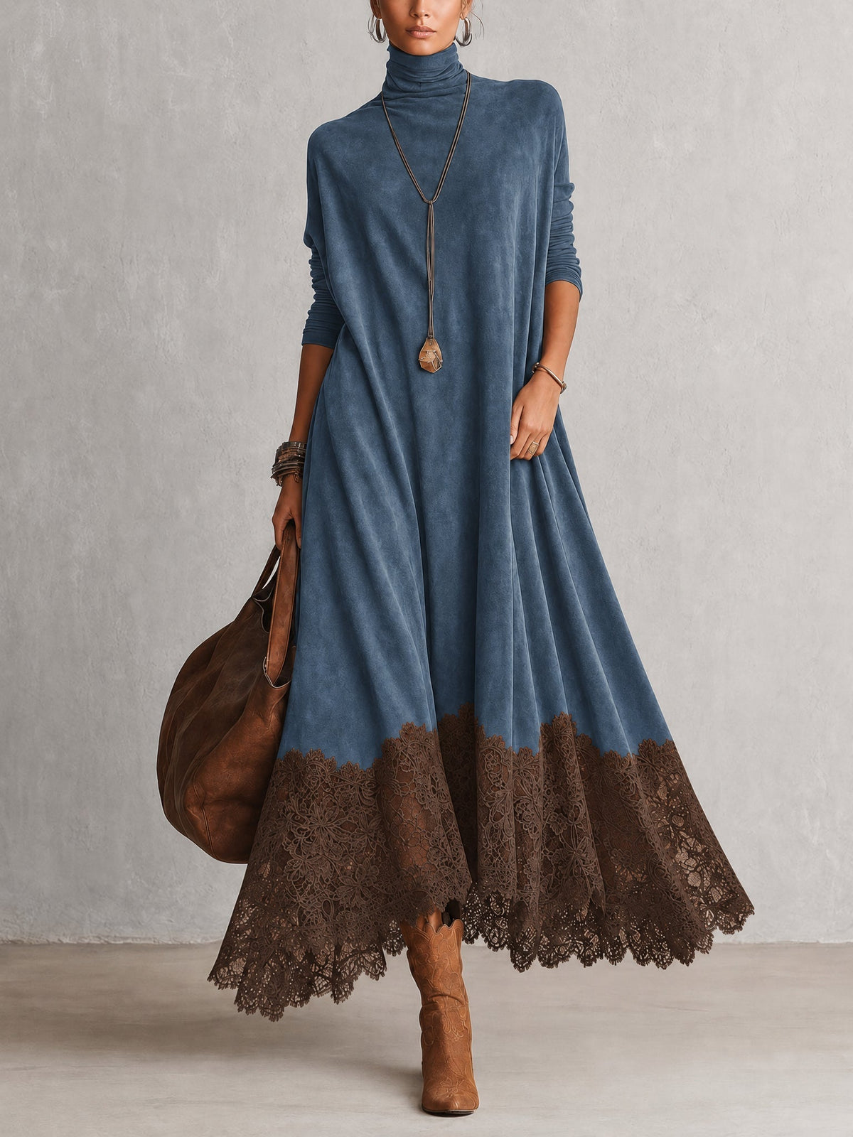 Gonneke - Robe femme longue effet suédé avec dentelle