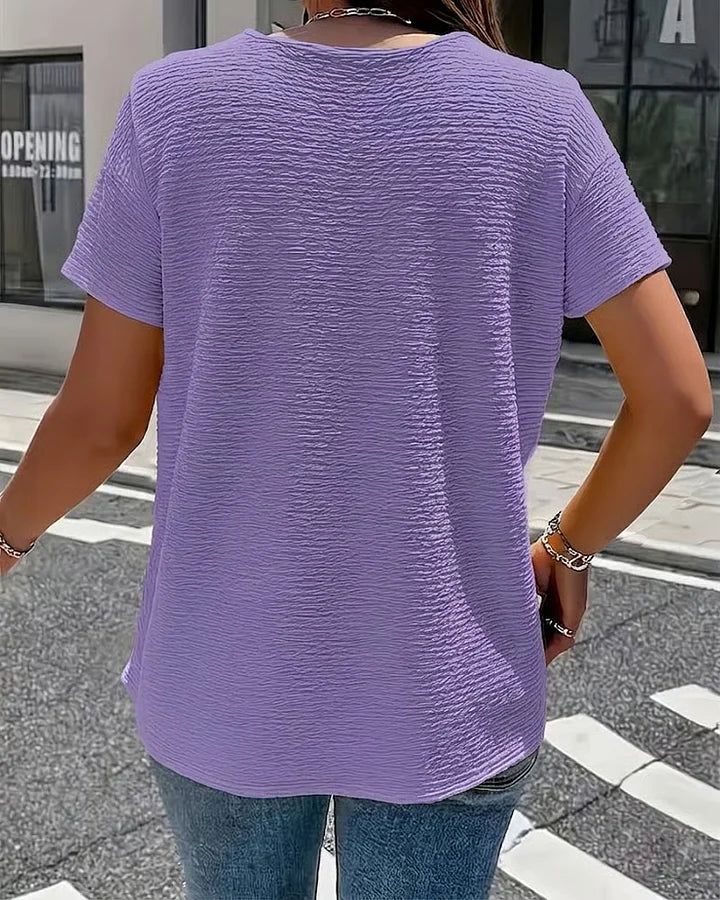 Syzelle™ - T-shirt femme col rond texturé manches courtes boutons décoratifs élégant