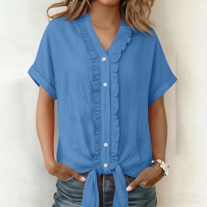 Kalyxa™ - Chemise femme coton col V manches courtes nouée été