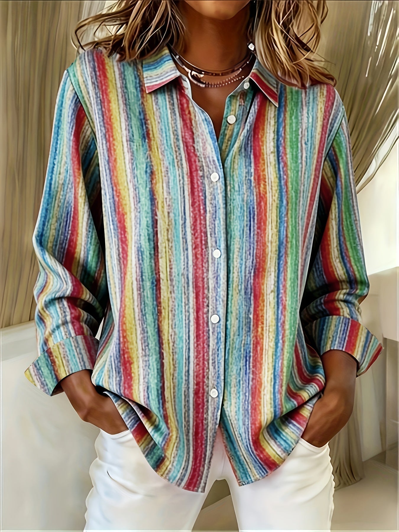 Qirexa™ - Chemise Femme Rayures Verticales Coupe Ample Boutonnée Style Décontracté
