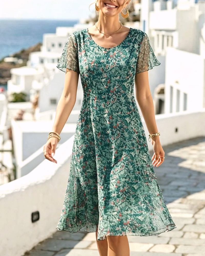 Rovena - Robe à fleurs pour femmes avec manches courtes et coupe A