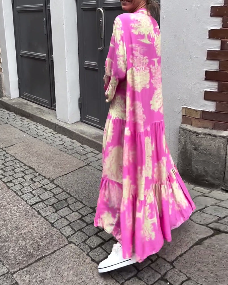 Greta™ - Robe Patchwork Ample avec Col en V et Manches Cloches Imprimées