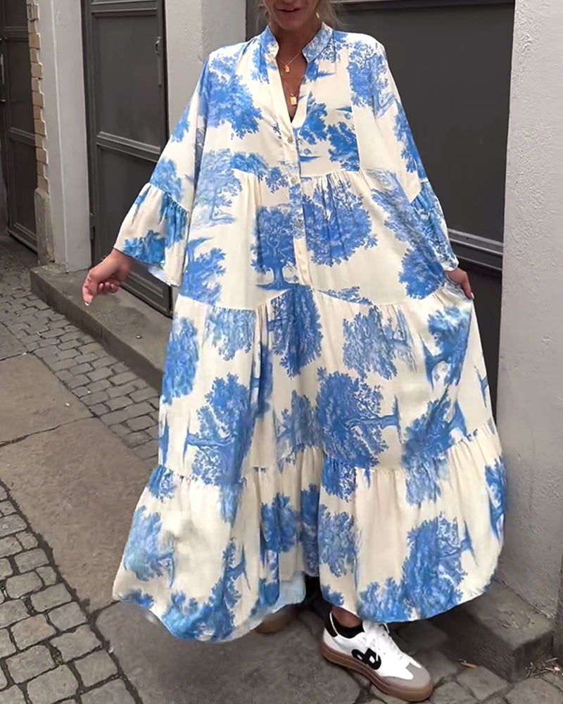 Greta™ - Robe Patchwork Ample avec Col en V et Manches Cloches Imprimées