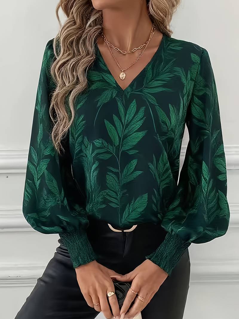 Heliviennea - Blouse Élégante À Manches Longues Imprimé Feuilles