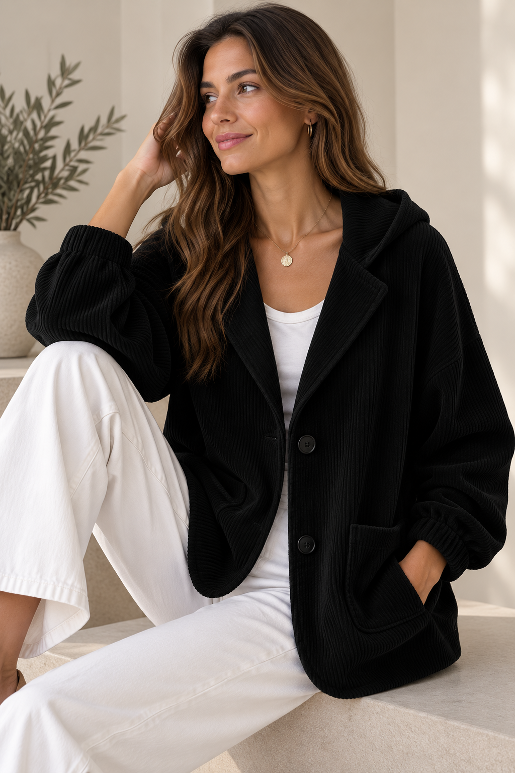 Berber - Veste femme oversize effet velours côtelé avec capuche