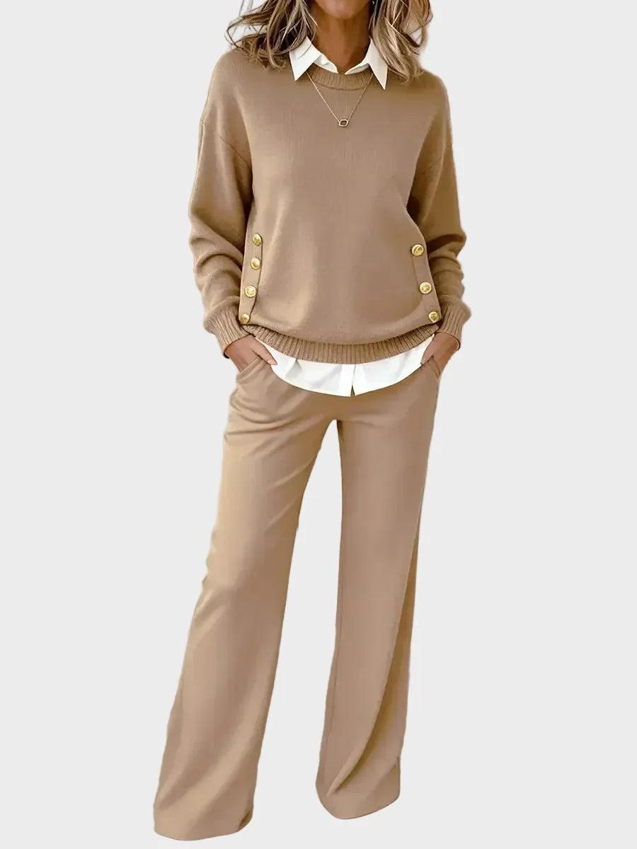 Noëllie - Ensemble en maille femme avec pull à boutons et pantalon large