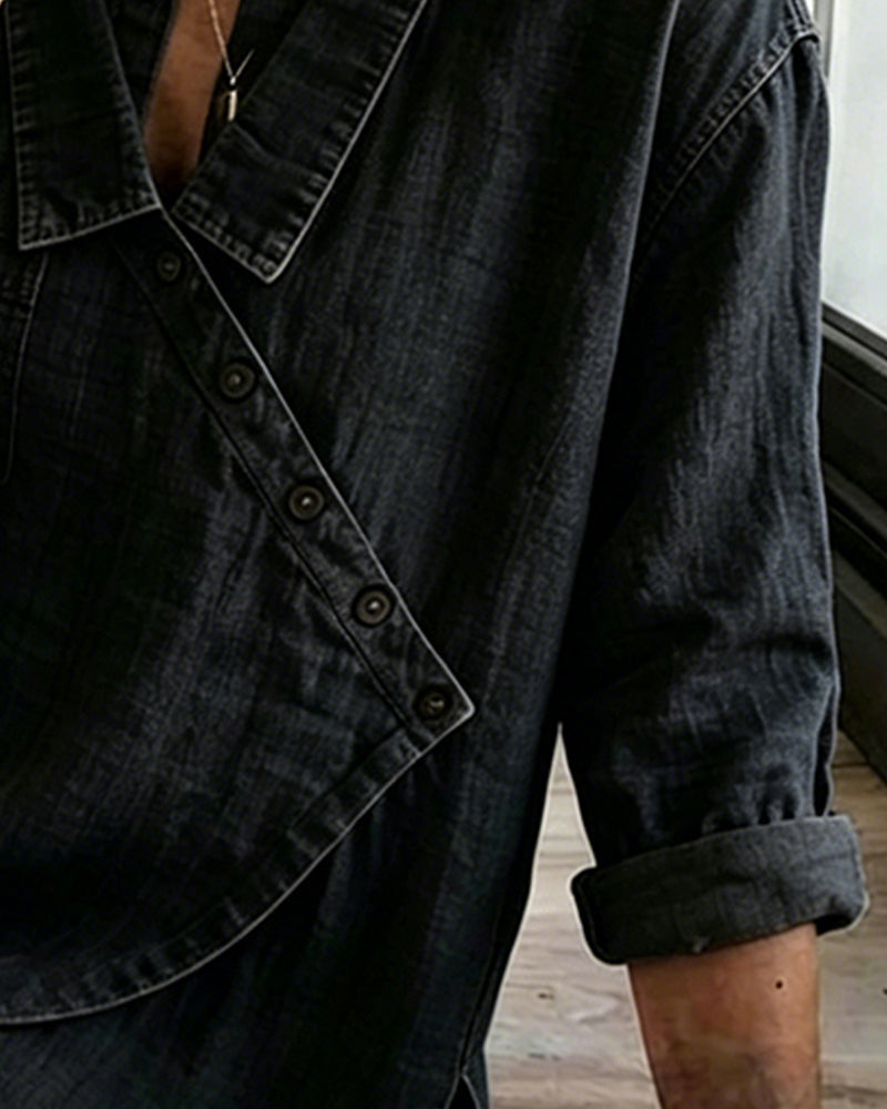 Mélusine - Blouse femme ample effet denim à boutons diagonaux