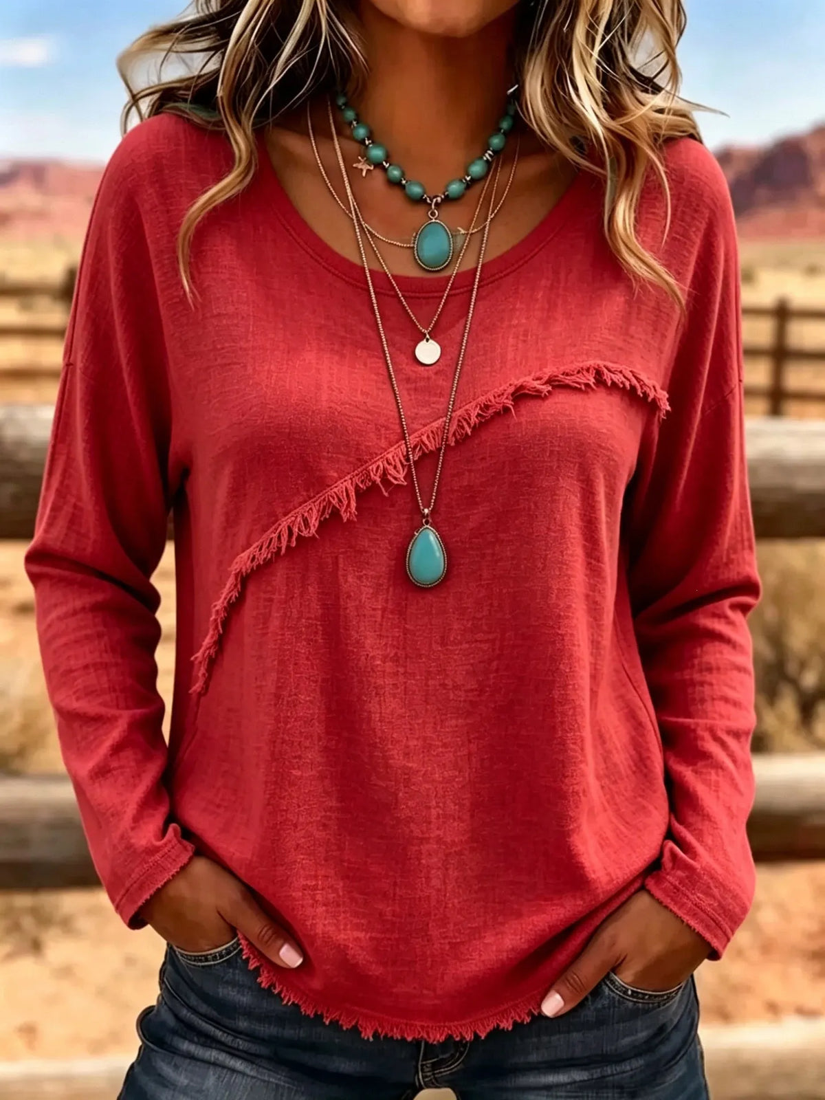 Elsemieke - Blouse femme vintage à col rond avec franges