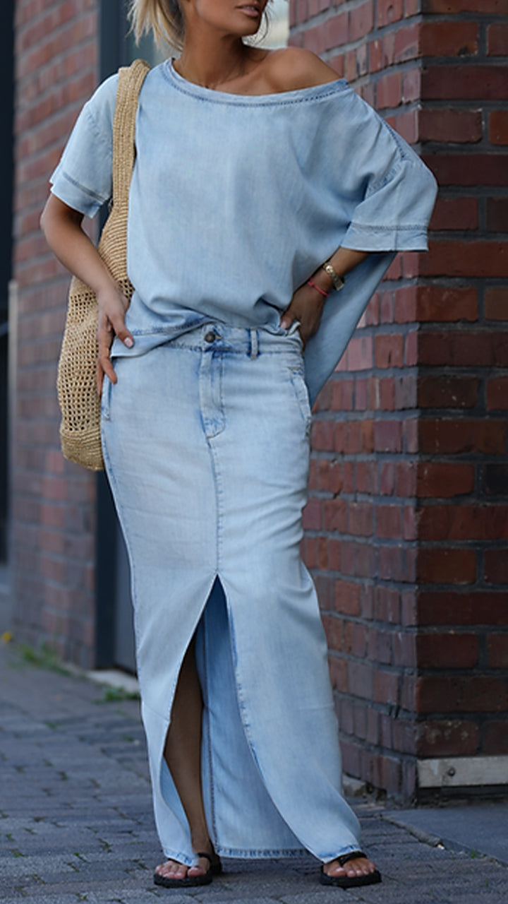 Mireya™ - Ensemble Décontracté Femme en Denim Tencel avec Décolleté Rond