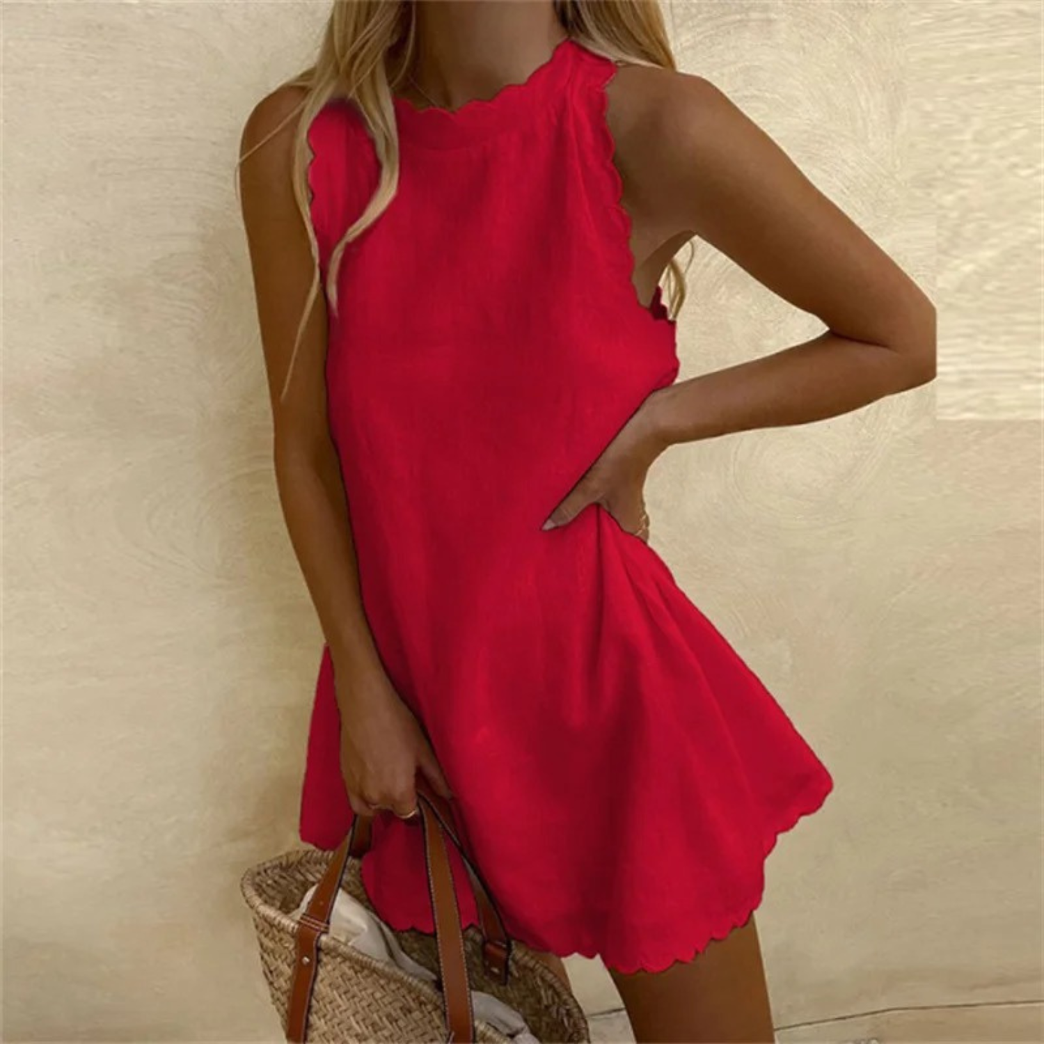 Caliora - Robe courte femme en lin sans manches à finitions festonnées