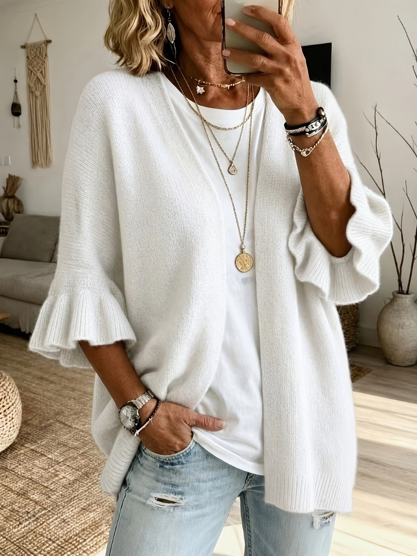 Frieda - Gilet femme tricoté ouvert avec manches volantes