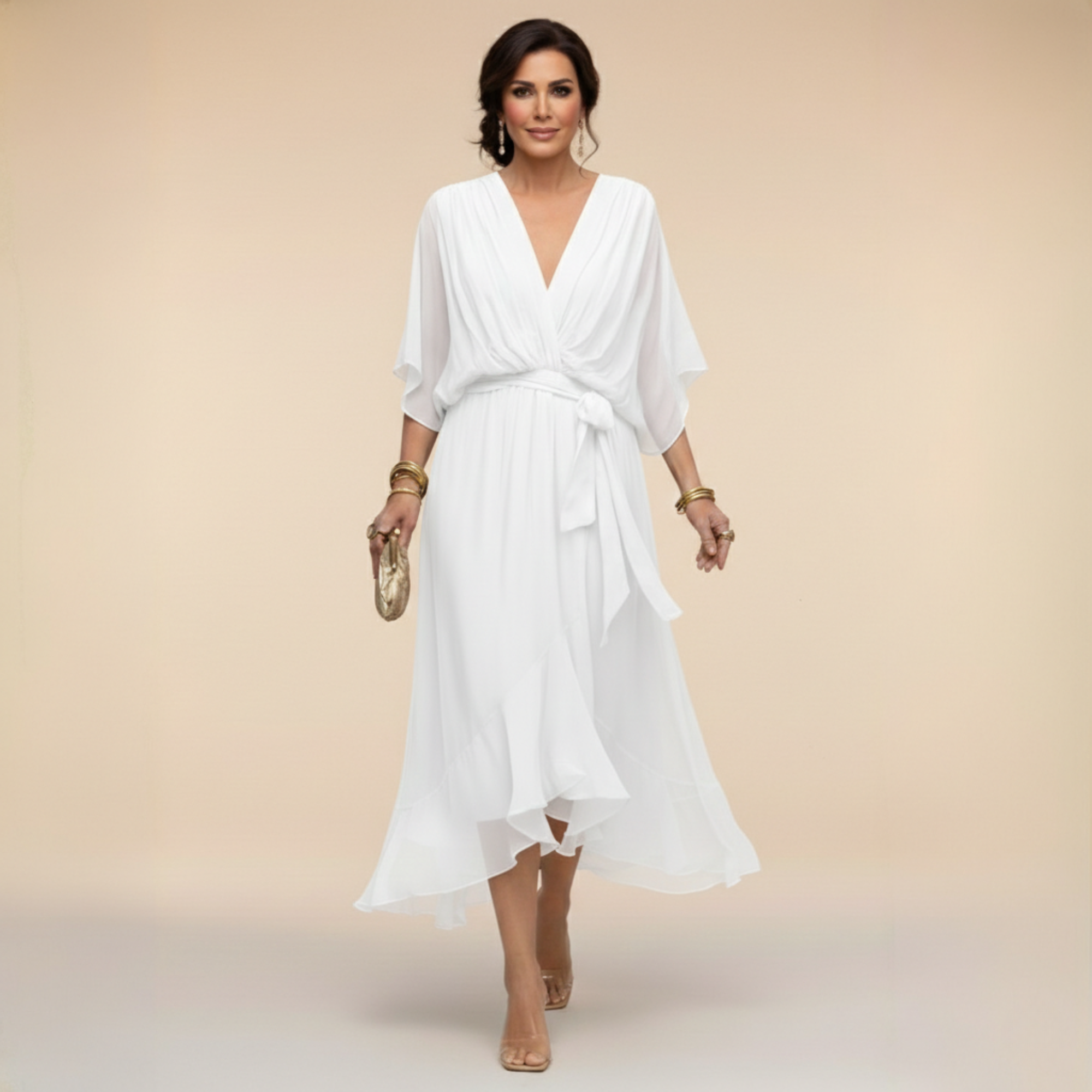 Lazira™ - Robe femme midi fluide col V manches amples ceinture élégante