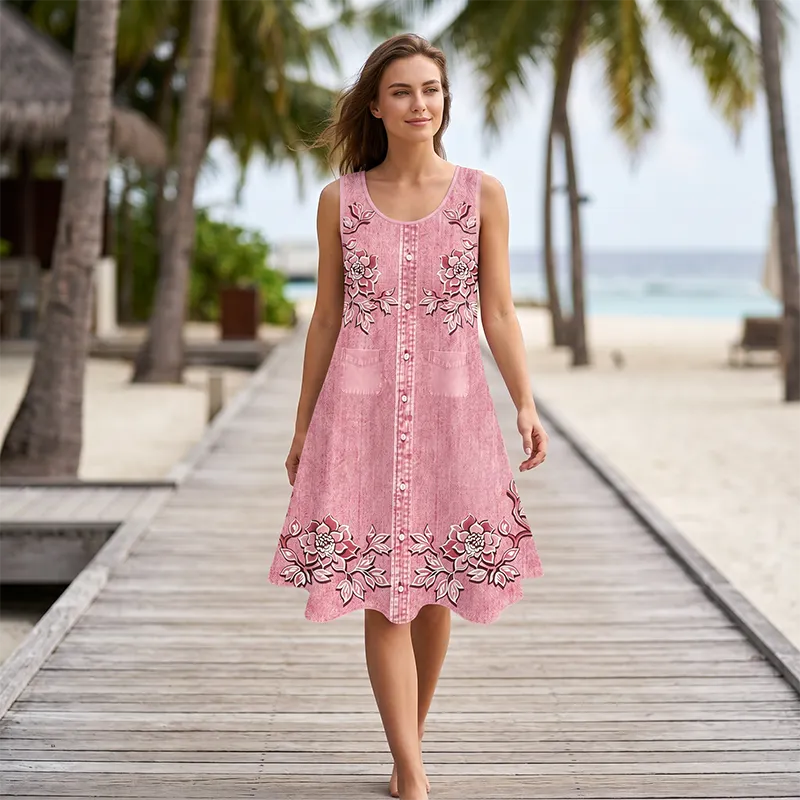 Vesper - Robe femme sans manches à fleurs avec boutons