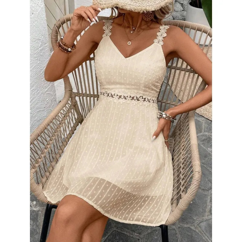 Lysa - Robe mini blanche femme à pois plumetis avec bretelles en dentelle