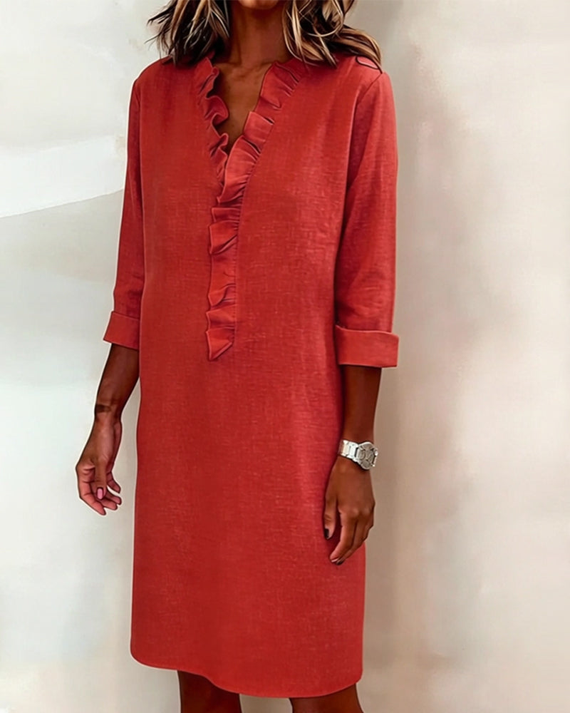 Ophivyn™ - Robe femme col V à volants coupe droite style décontracté