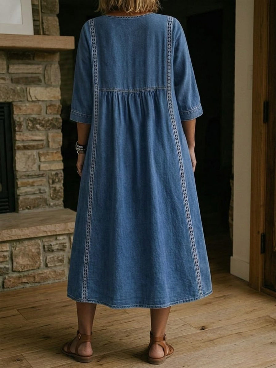 Fyntra™ - Robe femme denim fluide col V dentelle style décontracté élégant