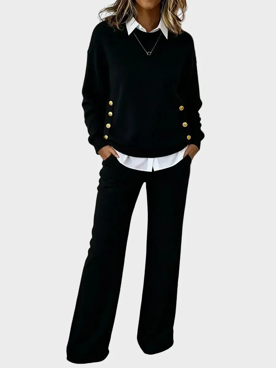 Noëllie - Ensemble en maille femme avec pull à boutons et pantalon large