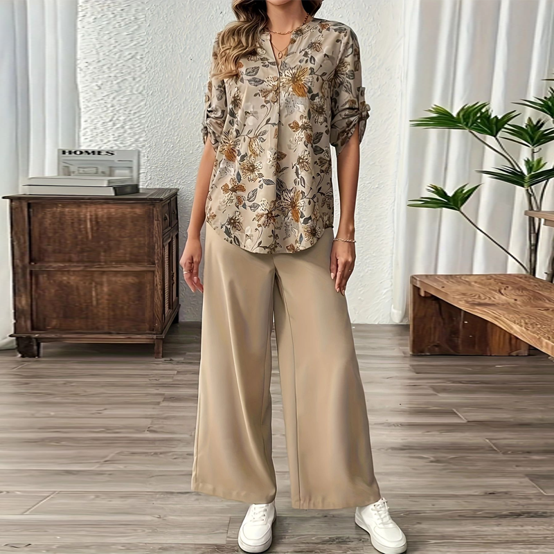 Cynellea™ - Ensemble femme chemisier floral pantalon fluide chic quotidien