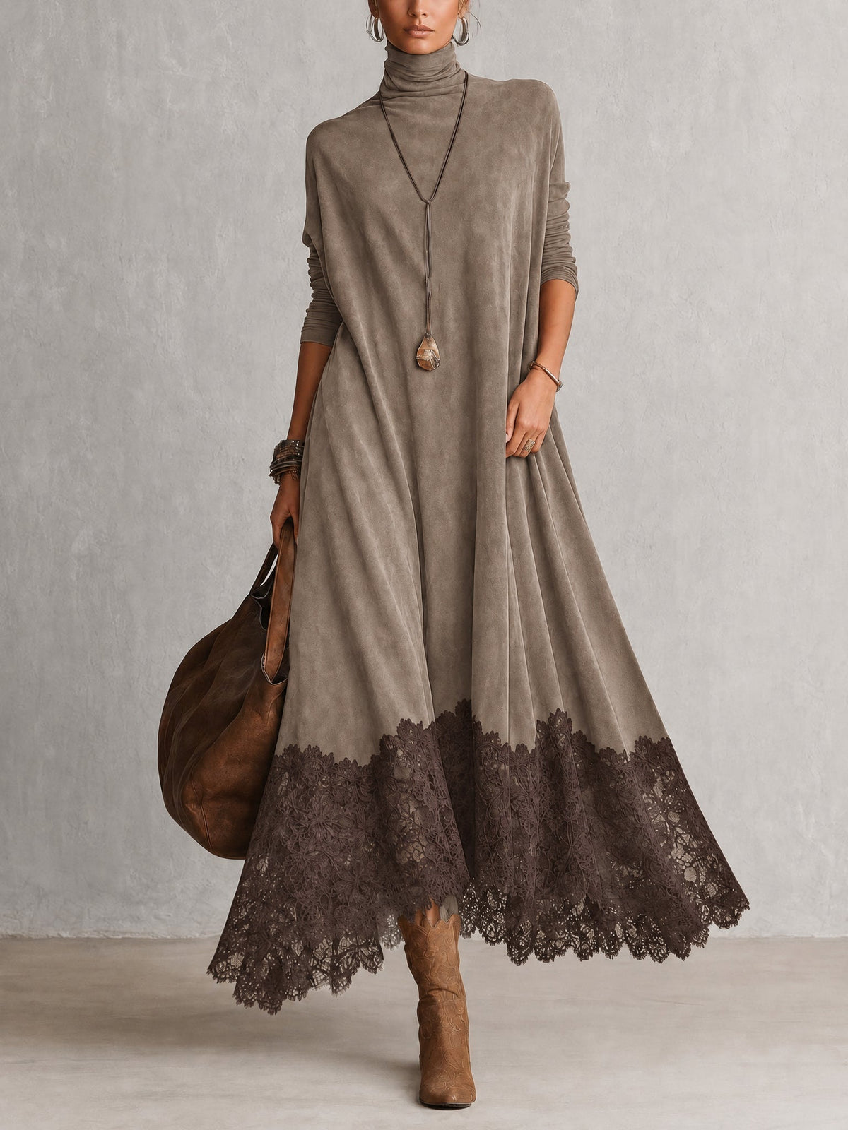 Gonneke - Robe femme longue effet suédé avec dentelle