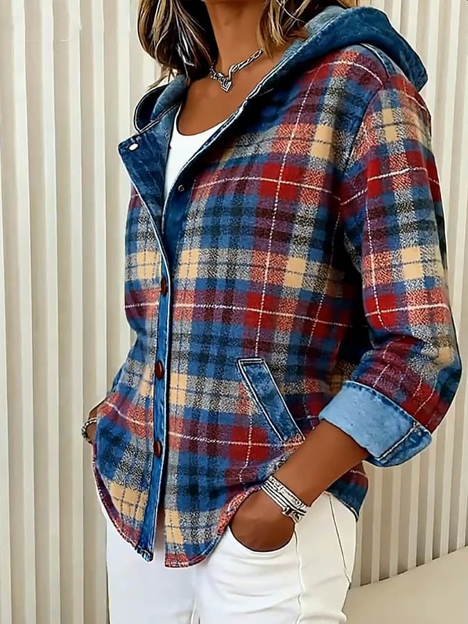 Nadrina™ - Veste en Jean à Capuche et Motif à Carreaux Contrastés