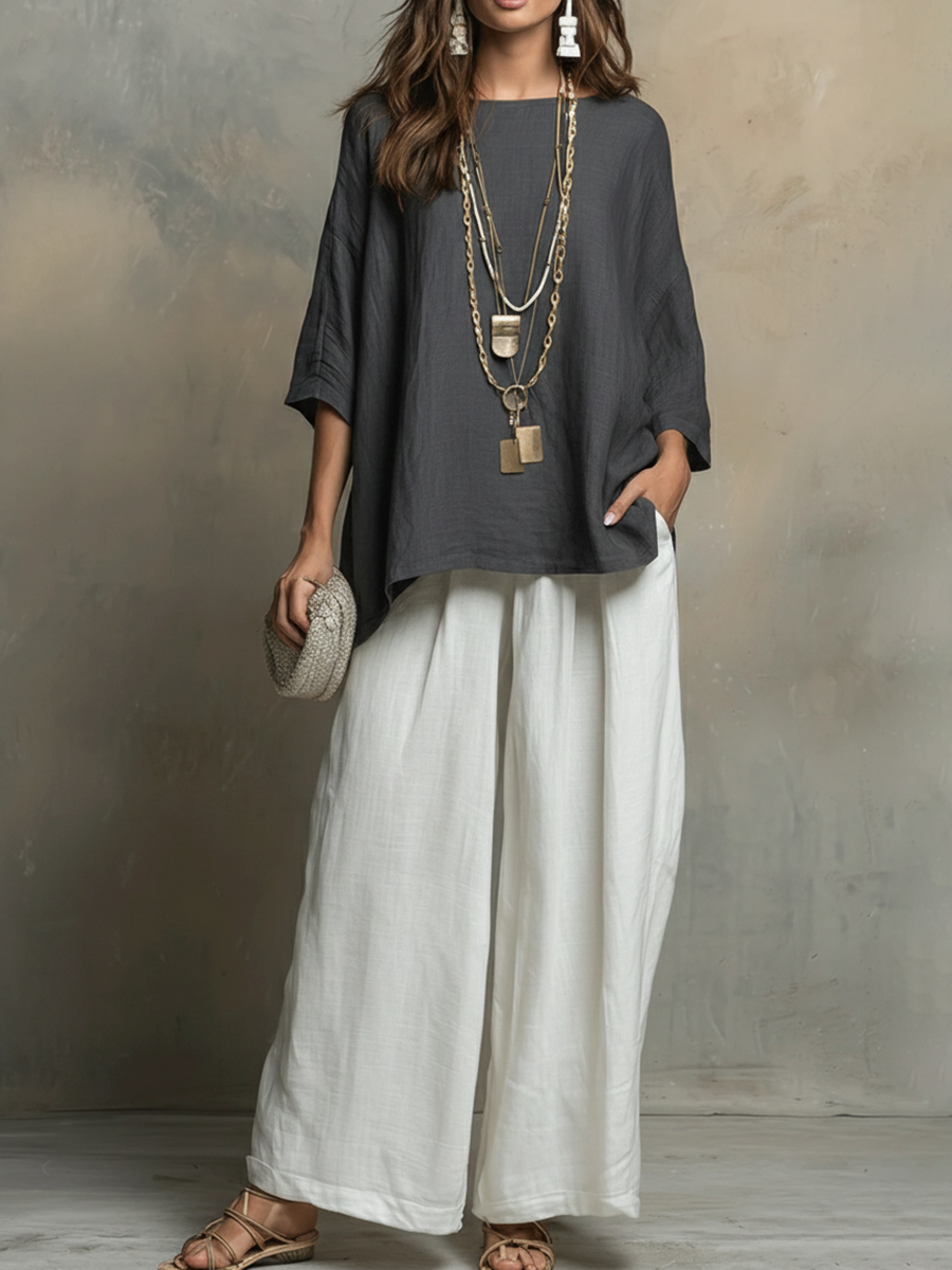 Tyvella™ - Ensemble Femme Lin Deux Pièces Coupe Ample Pantalon Fluide