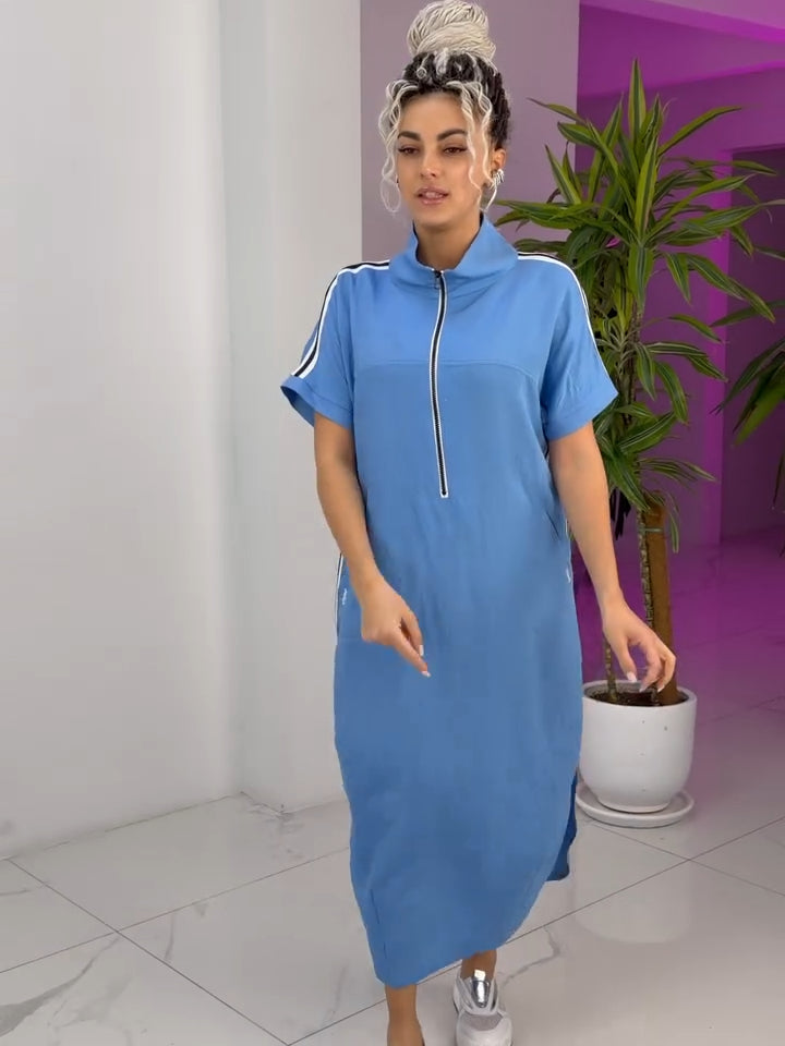 Gavrixa™ - Robe femme longue zippée col montant coupe fluide style sport chic confortable