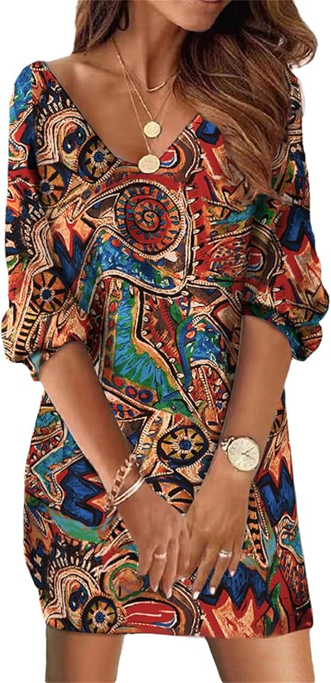 Doravine - Robe Artistique à Col V – Élégance Décontractée et Touche Moderne